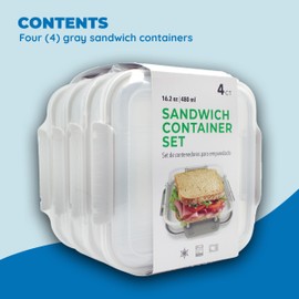 Biosmart Sandwich Container: 4 Pack Reusable, BPA Free Plastic Food Storage with Snap-Off, Leak-Proof Lid