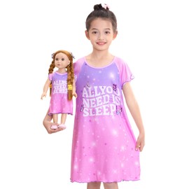 ICOSY Girls Nightgowns Matching Doll & Girls Pajamas Clothes Sleepwear for American 18" Girl Doll Purple Pink