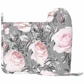 Mxocom Pink Rose Silicone Oven Mitts and Pot Holders Sets Flowers Pastel Color Blossoming Leaf Branch BBQ Gloves for Kitchen,Cooking,Baking,Grilling