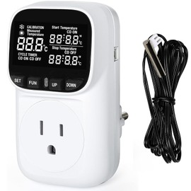 XIEHUZA Digital Thermostat Socket, Countdown Temperature Controller 110~120V VA Display Heating Cooling Mode Timer with Sensor for Reptile Greenhouse Home Fermentation Farm Aquarium, -40℉~210℉