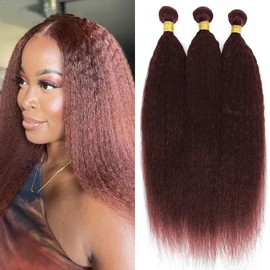 Reddish Brown Kinky Straight Bundles 33 Human Hair Auburn Yaki Straight Weave Bundles 16 16 16 Inch Double Weft Brazilian Remy Hair Extensions Silky and Soft Copper Red Bundles
