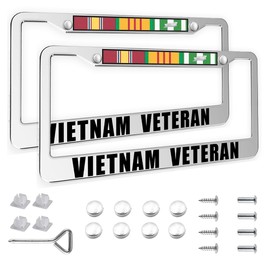 2PCS Matte Silver Frames Vietnam Veteran License Plate Frames, 2 Holes Solid Aluminum Veteran License Plate Holders Universal Car License Plate Covers and Screws