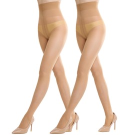 Aaronano 2 Pairs Tear-Resistant Tights Women's High Waist Comfort Waistband Fine Tights 10Denier, 2 pairs of natural, S-M
