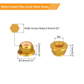 sourcing map Nylon Insert Hex Lock Nuts, 10pcs - M3 x 0.5mm Aluminum Alloy Self-Locking Nut, Anodizing Flange Lock Nut for Fasteners (Gold)
