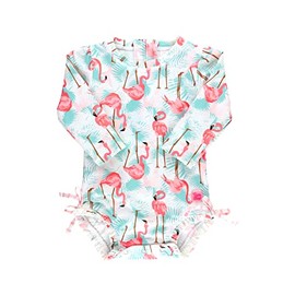 RuffleButts Baby Girls UPF 50+ Sun Protection Tropical Print Long Sleeve One Piece Rash Guard Swimsuit with Zipper - Vibrant Flamingo, 12-18m
