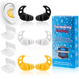 Swimming Ear Plugs for Adults,3 Pairs Waterproof Silicone Reusable Swim Earplugs for Swimming Surfing Snorkeling Showering, Recommended for 14 Years Olds up (Black White Orange, Medium)