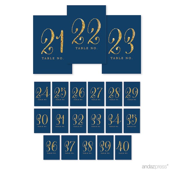 Andaz Press Table Numbers 21-40, Gold Glitter Print, 4x6-inch Single-Sided Cardstock Sign, Navy Blue, 1-Set