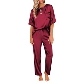 Ekouaer Womens Silk Satin Pajamas Set Two Piece Pj Sets Sleepwear Loungewear Short Sleeve Pj Sets Wine Red