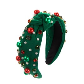Women's Christmas Headband Pearl Knotted Headband Christmas Red and Green Pearl Rhinestone Crystal Gem Hairband Top Knot Holiday Headband Christmas Hair Accessories Holiday Costume Gift (Green)