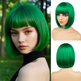BATISI Green Bob Wig for Women Short Bob Straight Wigs Flat Bangs Synthetic Costume Cosplay Daily Party Neon Wig 12 Inch
