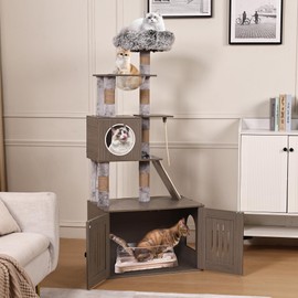 Cat Tree with Litter Box Enclosure, Hidden Washroom Litter Box Tree with Sisal Scratching Post and Soft Plush Perch, Wooden Cat Furniture with Multiple Platforms, Grey