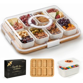Renmxj Covered Charcuterie Board with Lid and 8 Ceramic Bowls, Bamboo Serving Tray for Cheese, Fruit, Snacks and Appetizers, Party Serving Platter for Entertaining, Brunch and Holiday Gatherings