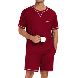SWOMOG Men Modal Pajamas Set Comfy Sleepwear Short Sleeve Pjs Set Soft 2 Piece Lounge Set Cozy Nightwear with Pockets Wine Red Medium