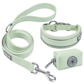 Huanovix Waterproof and Dirt-Proof Dog Collar and Leash Set, Reflective Strip Ajustable Collars Leash with Poop Bag for Small Medium Large Dogs (Light Green, M)