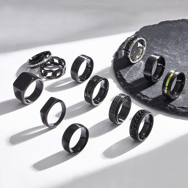 EIELO 12Pcs Rings for Men Stainless Steel Band Rings Square