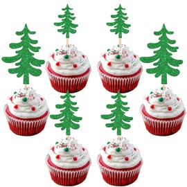 24 piezas de adornos para cupcakes de árbol de Navidad con purpurina, árbol de Navidad, árbol de Navidad, Navidad, feliz año nuevo, día festivo, decoración de pasteles, color verde