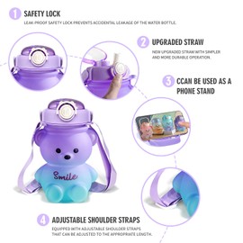 Bear Water Bottle, 32oz Cute Water Bottles for Girls, Kids Water Bottle with Straw and Strap, Kawaii Teddy Bear Water Bottle, Cute Drinking Cups Leak-proof Water Bottles for School (Purple)