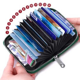 GEEAD Genuine Leather RFID Credit Card Holder for Women and Men Zipper Cards Case Small Card Wallets, Dark Green, Minimalist