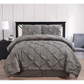 Royal Hotel Bedding Oxford Decorative Pinch Pleat Comforter Set, 4 Pieces, Hypoallergenic Comforter, Down Alternative Fill, Full, Gray