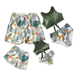 IFFEI Mommy and Me Family Matching Swimsuits Two Pieces Bikini Set Floral Leaf Printed Bathing Suits Men: M Light Green