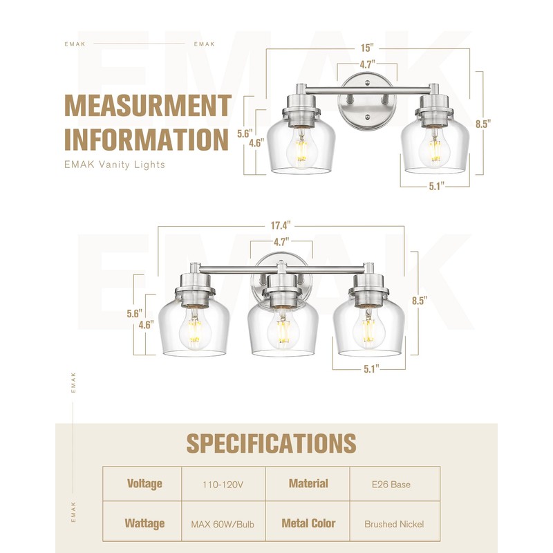 Emak Bathroom Light Fixtures Over Mirror, Brushed Nickel Vanity Light