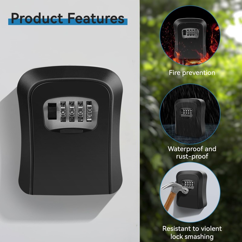 Weatherproof Heavy-Duty Wall-Mounted Key Lock Box with 4-Digit Combination and