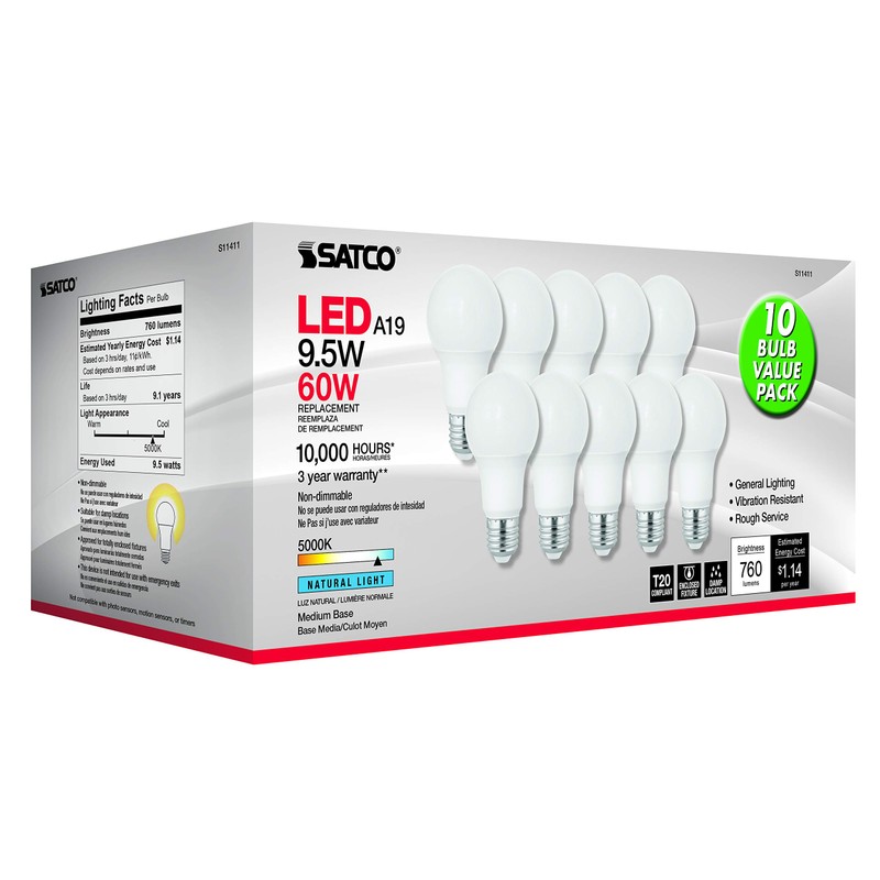 Satco S11411 9.5-Watt A19 LED Light Bulbs, 60-Watt Replacement, 5000K
