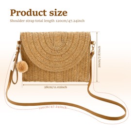 FwQoFvk Women's Straw Shoulder Bag, Handmade Woven Straw Bag, Straw Crossbody Bag with Two Balls, Portable Woven Rattan Bag for Women Travel(Brown)