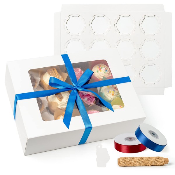 katbite 15-Set Cupcake Containers, Pre-Assembled Food Grade Cupcake Boxes 12 Count with Ribbons, Twine, Gift Cards, and Inserts - Ideal Cupcake Carrier with Windows 13.5"x10"x4"