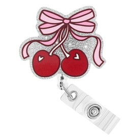 Pink Cherry Bow Badge Reel for ID Card Preppy Gifts Badge Reels Retractable for Nurse Doctor Teacher Coworker Friend Mom Coquette Accessories for Work