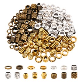 NBEADS 150 Pcs 15 Styles African Hair Beads, Beard Beads Big Hair Beads Tibetan Style Alloy Dreadlock Beads African Beads for Hair Beads for Men Women Hair Braids Hair Decoration, Silver/Golden/Bronze