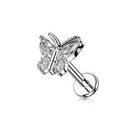 Pierced Owl 16GA 316L Stainless Steel CZ Crystal Butterfly Internally Threaded Flat Back Stud (Silver Tone)