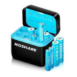 KOSHARE Rechargeable Ni-MH Battery with Charger, 8 Pack 1.2V 2800mAh AA and 1100mAh AAA High Capacity Ni-MH Batteries, Rechargeable up to 800 Times, Pre-Charged (Black+Blue, 4AA4AAA+8Slot Charger)