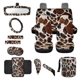 Wanyint Brown Black Cow Print 14 Pack Car Accessories Set, Universal Auto Seat & Steering Wheel Cover, Seatbelt Pad, Trash Can, Armrest & Cup Holders Rearview Mirror & Handbrake Cover Set