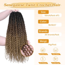 Senegalese Twist Crochet Hair For Black Women - 7 Packs, 20 Strands/Pack Small Twist Crochet Braids Hair (1B/30/27, 18 Inch (Pack of 7))