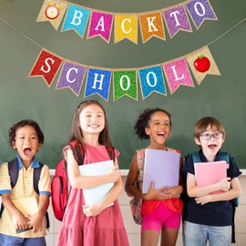 JUESMOS Back to School Burlap Banners Pre-Assembled First Day of School Banner for Kindergarten Preschool Party Supplies Teacher Banners Photo Props Classroom Bulletin Board Decorations