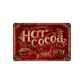 Letrero de lata para letrero de metal clásico, cacao caliente servido aquí para exteriores y hogar, bar, decoración de pared, 12 x 8 pulgadas