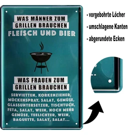 schilderkreis24 - Tin Signs Funny Grill Saying "Was Männer zum Grillen Brauchen – Fleisch UND Bier" Decorative Sign for Garden Gift Idea 20 x 30 cm