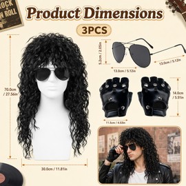 3-Piece Set Michael Jackson Wig 80s Rock, Complete Costume Transformation for Music Festivals and Themed Parties, Long Curly Wig with Sunglasses and Gloves for Rock Concert Style