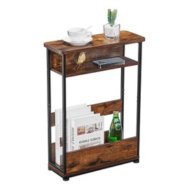 Narrow Side Table,3-Tier Slim End Table with Storage Shelf,Modern Sofa Table Thin Side Table for Narrow and Small Spaces, Skinny Bedside Table Small Nightstand with Magazine Rack Space Saving/Brown