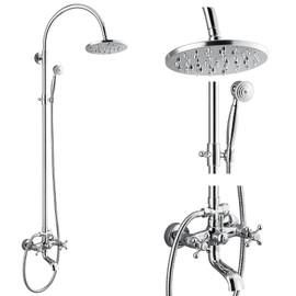 gotonovo Exposed Bathroom Shower Faucet Wall Mounted Shower System 8 Inch Shower Head and Tub Spout Double Cross Handles Adjustable Handheld Sprayer Polished Chrome