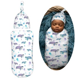 Muishi Watercolor Turtles Jellyfish Newborn Swaddle Blankets Hat Sets Soft Baby Receiving Blanket Swaddle Sack for Baby Shower Infant Boy Girl Gift