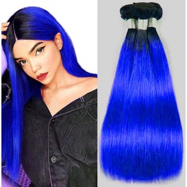 Muaowig Blue Straight HuMuaowign Hair 3 Bundles Remy Hair Extensions 20 22 24 Inch