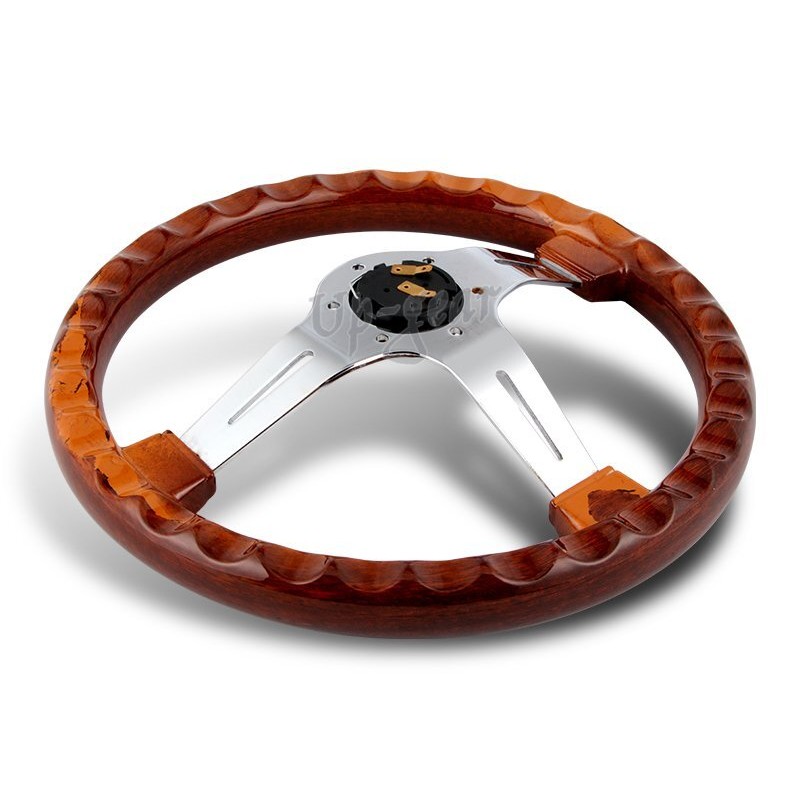 Up_Gear_Performance Universal 350MM 6-Hole Class Dark Wood Grip Chrome 3-Spoke