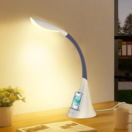 AlatinGlow All-in-One Desk Lamp | Touch Control & Wireless Charger, 360° Gooseneck Adjustable, 5-Level Dimmable + 5 Color Modes, 10W Fast USB Charging Light for Home, Office, Bedroom (White)