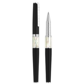 Xezo Speed Master Fine Rollerball Pen, Matte Black with White Mother of Pearl, Chrome-Plated, Lightweight Brass Body, Each Unique