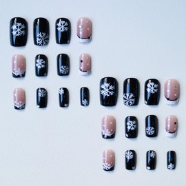 Christmas Press on Nails Square Black white Fake Nails French Tip with Snowflake Rhinestones Design Full Cover Acrylic Nails Winter False Nails Cute Xmas Artificial Nails for Women Nail Decor 24Pcs