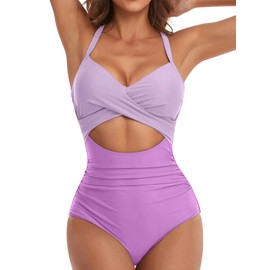 IFFEI Women One Piece Swimsuit Mommy and Me Tummy Control Bathing Suit Colorblock Cutout Tie Back High Waist Girls Swimwear Women: L Purple