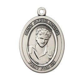 Saint Carlo Acutis Medal Necklace – Sterling Silver Pendant with 24-Inch Light Rhodium Plated Heavy Curb Chain – Patron Saint of the Internet & Youth – Velvet Gift Box Included