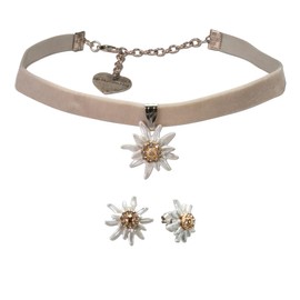 Alpenflüstern Costume Jewellery Set Costume Velvet Choker and Stud Earrings Greta Edelweiss – Women's Costume Jewellery Set Costume Necklace and Costume Earrings (in Traditional Colours) SET053, Zinc